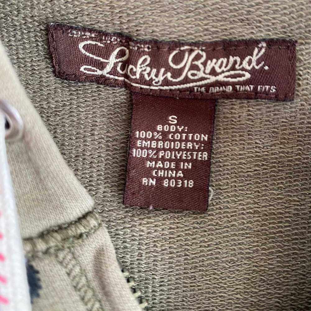 SOLD Lucky Brand Embroidered Khaki Green Zip Front Hoodie Sweatshirt NWOT - Picture 4 of 14